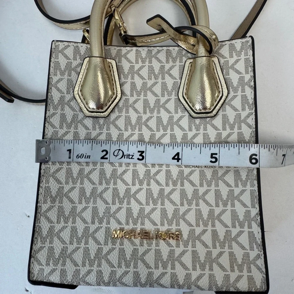 Michael Kors Mercer XS North South Shopper Crossbody Bag Vanilla Gold Logo
